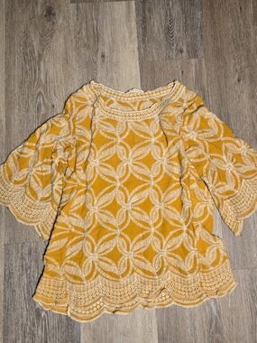 Mustard Gold Embroidered Floral Boho Top Cottagecore Vintage Inspired L/XL